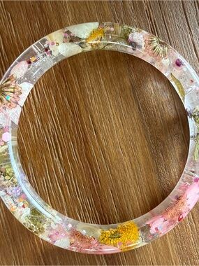 Clear Resin Bangle with Pink & Yellow Dried Flowers